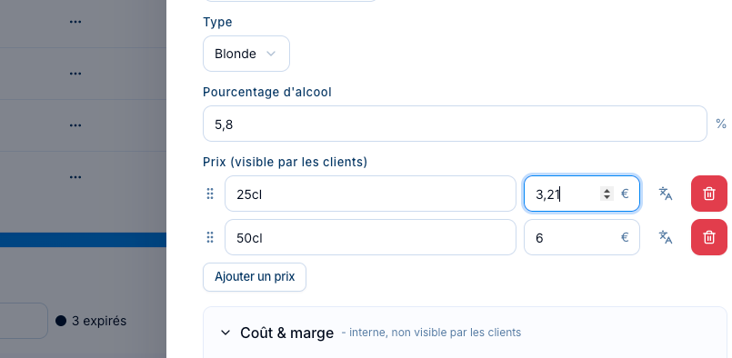 Édition d’un prix dans le back-office