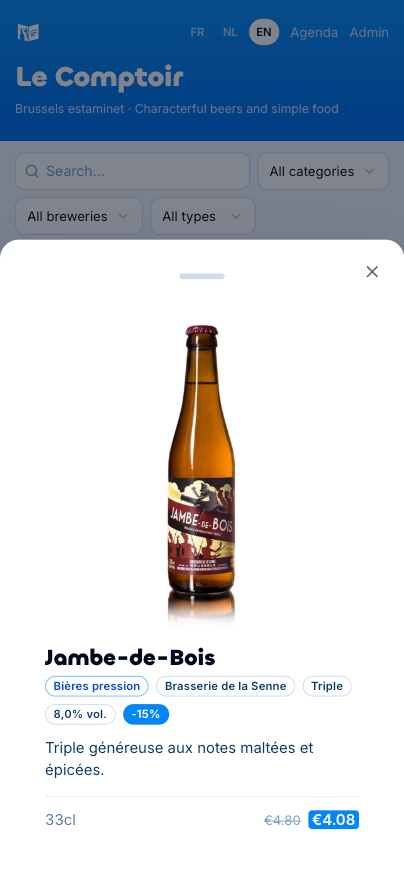 Fiche produit ouverte sur la carte